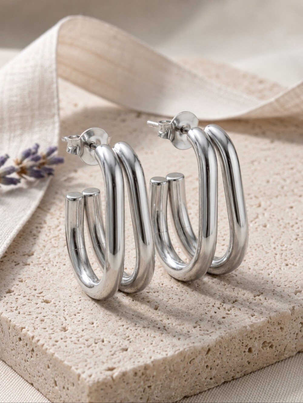 Silver Double C-Hoop Earrings 18K White Gold Plated Stainless Steel Chunky Stack